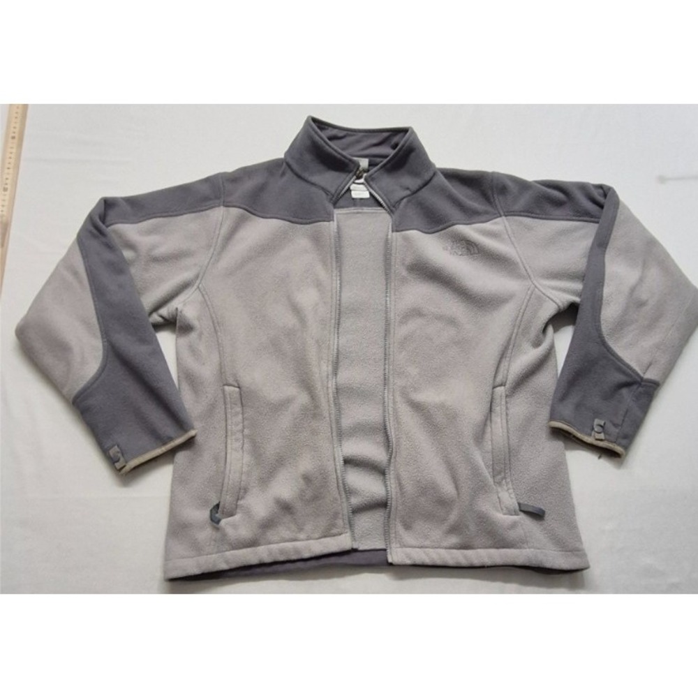 North Face woman's gray full zip fleece jacket pockets/logo sz. LG outdoor